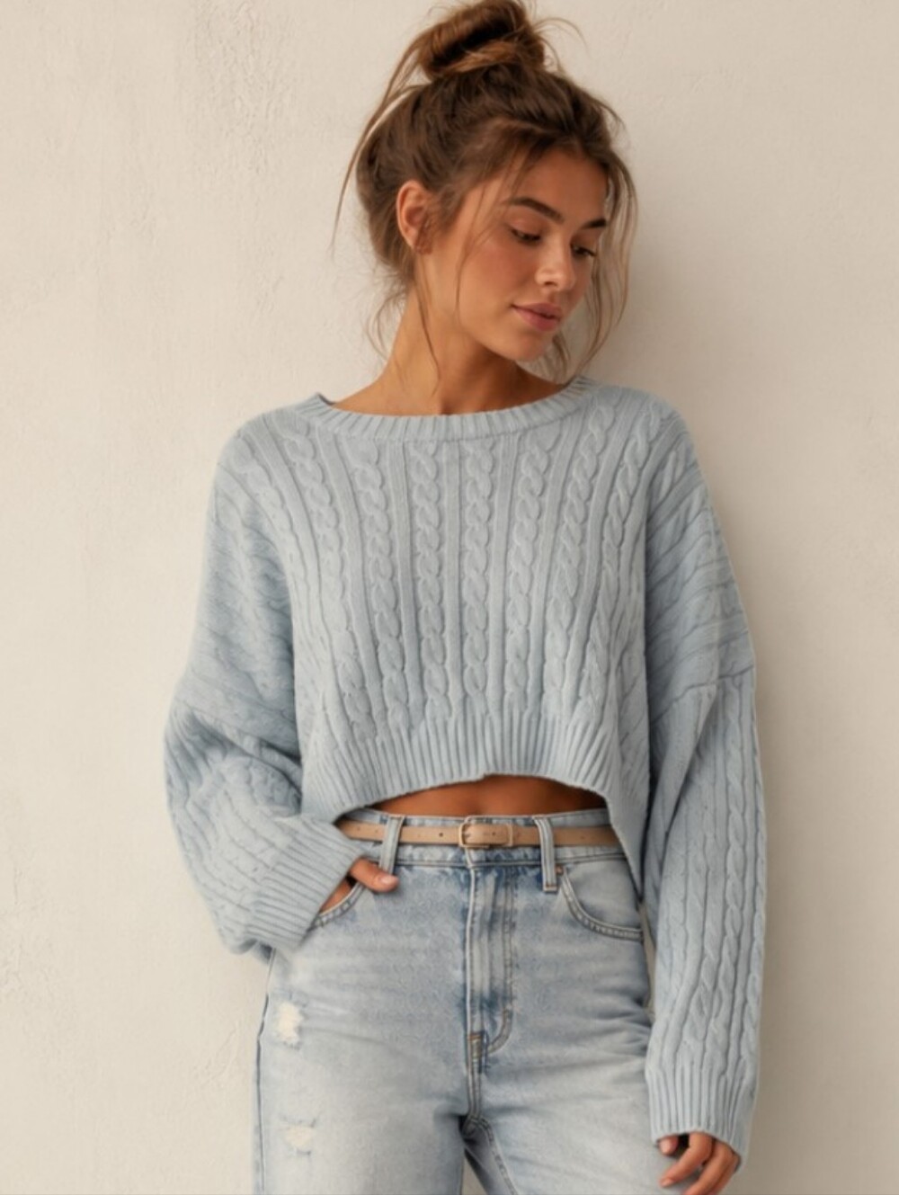 Altar'd State Soft Oversized Cable Knit Cropped Sweater L  Light Blue EUC